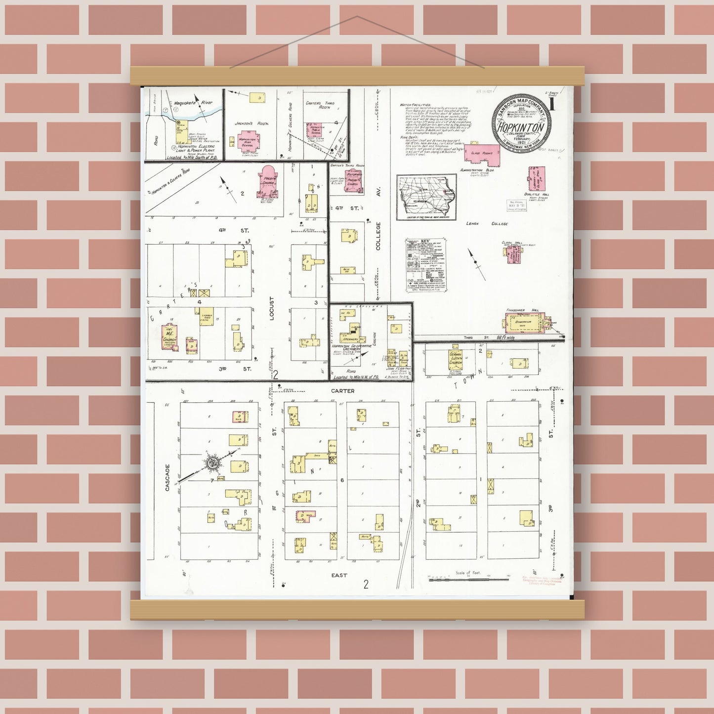 Old map wall art mockup — magnetic wood frame on brick wall — Sanborn Fire Insurance Map from Hopkinton, Delaware County, Iowa (1921) â€” Complete Set
