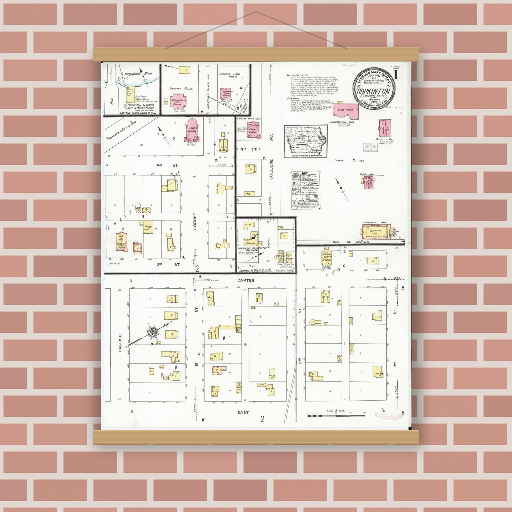 Old map wall art mockup — magnetic wood frame on brick wall — Sanborn Fire Insurance Map from Hopkinton, Delaware County, Iowa (1921) â€” Complete Set