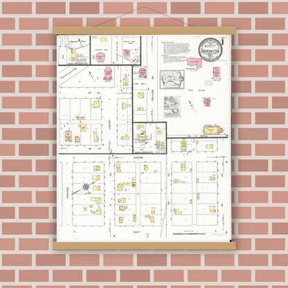 Old map wall art mockup — magnetic wood frame on brick wall — Sanborn Fire Insurance Map from Hopkinton, Delaware County, Iowa (1921) â€” Complete Set