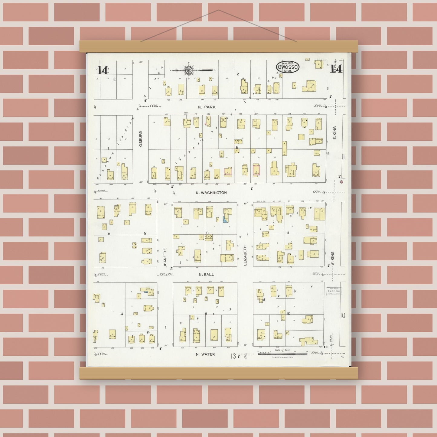 Old map wall art mockup — magnetic wood frame on brick wall — Sanborn Fire Insurance Map from Owosso, Shiawassee County, Michigan (1924), Sheet #0014