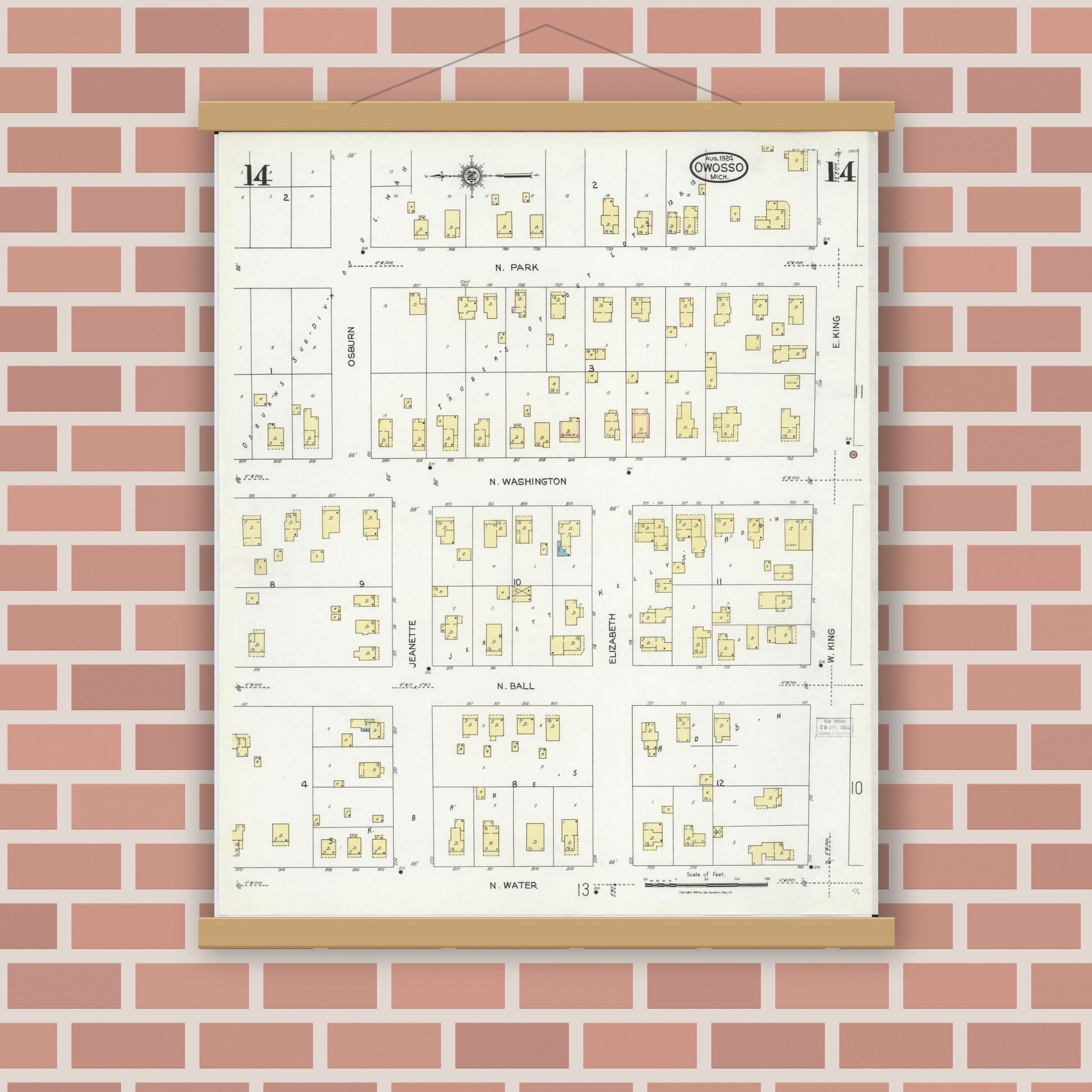 Old map wall art mockup — magnetic wood frame on brick wall — Sanborn Fire Insurance Map from Owosso, Shiawassee County, Michigan (1924), Sheet #0014