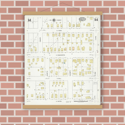 Old map wall art mockup — magnetic wood frame on brick wall — Sanborn Fire Insurance Map from Owosso, Shiawassee County, Michigan (1924), Sheet #0014