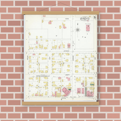 Old map wall art mockup — magnetic wood frame on brick wall — Sanborn Fire Insurance Map from McConnelsville, Morgan County, Ohio (1901), Sheet #0003
