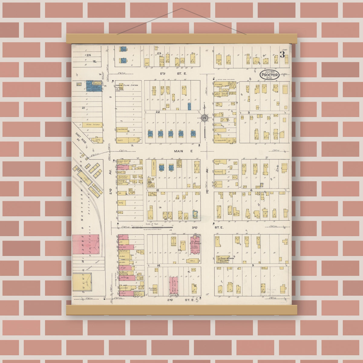 Old map wall art mockup — magnetic wood frame on brick wall — Sanborn Fire Insurance Map from Proctor, Saint Louis County, Minnesota (1922), Sheet #0003