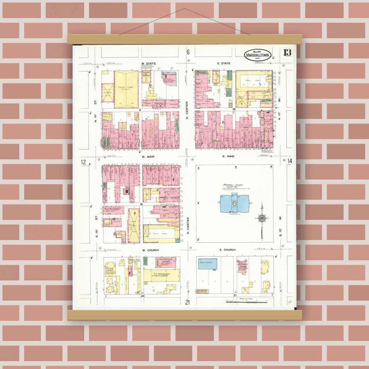 Old map wall art mockup — magnetic wood frame on brick wall — Sanborn Fire Insurance Map from Marshalltown, Marshall County, Iowa (1910), Sheet #0013