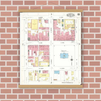 Old map wall art mockup — magnetic wood frame on brick wall — Sanborn Fire Insurance Map from Marshalltown, Marshall County, Iowa (1910), Sheet #0013
