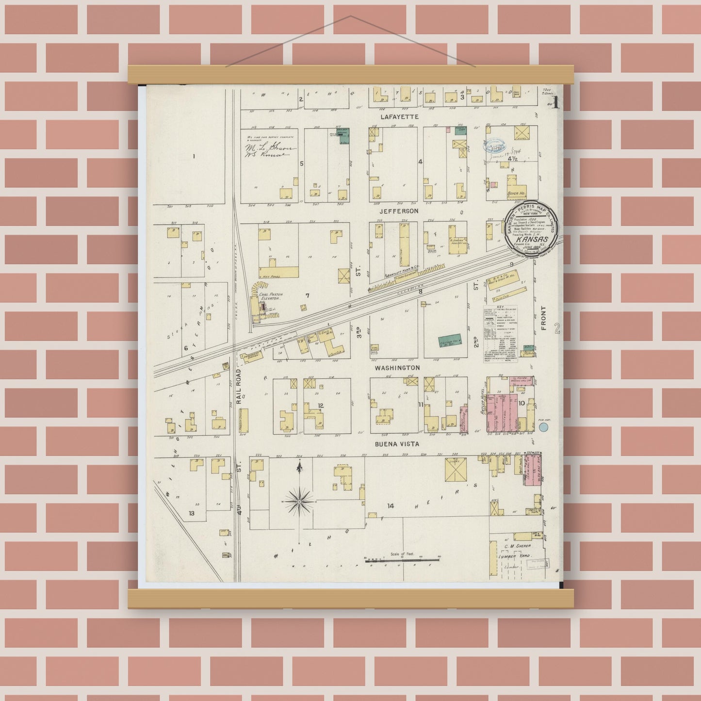 Old map wall art mockup — magnetic wood frame on brick wall — Sanborn Fire Insurance Map from Kansas, Edgar County, Illinois (1894), Sheet #0001