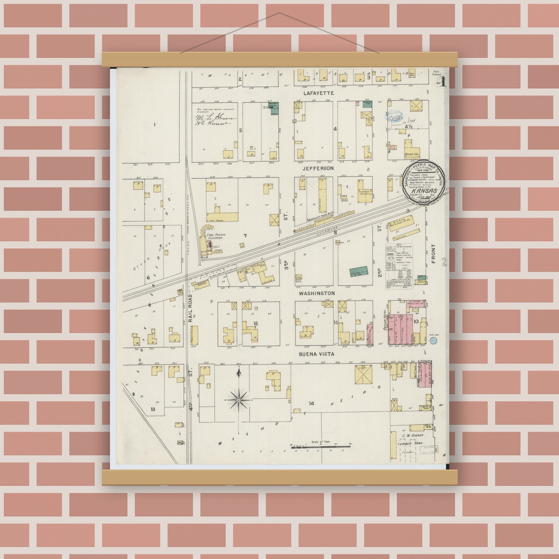 Old map wall art mockup — magnetic wood frame on brick wall — Sanborn Fire Insurance Map from Kansas, Edgar County, Illinois (1894), Sheet #0001