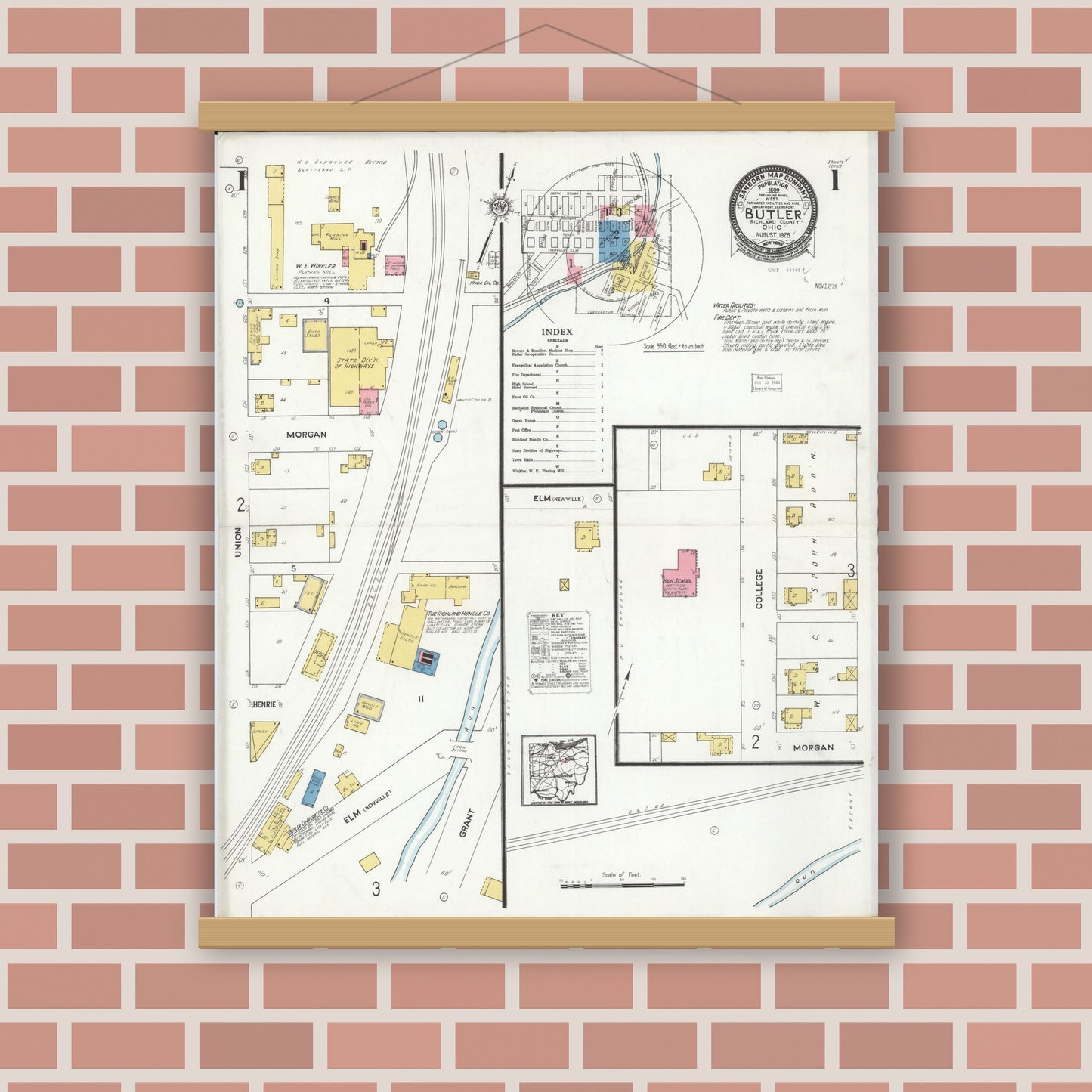 Old map wall art mockup — magnetic wood frame on brick wall — Sanborn Fire Insurance Map from Butler, Richland County, Ohio (1926) - Complete Map Set