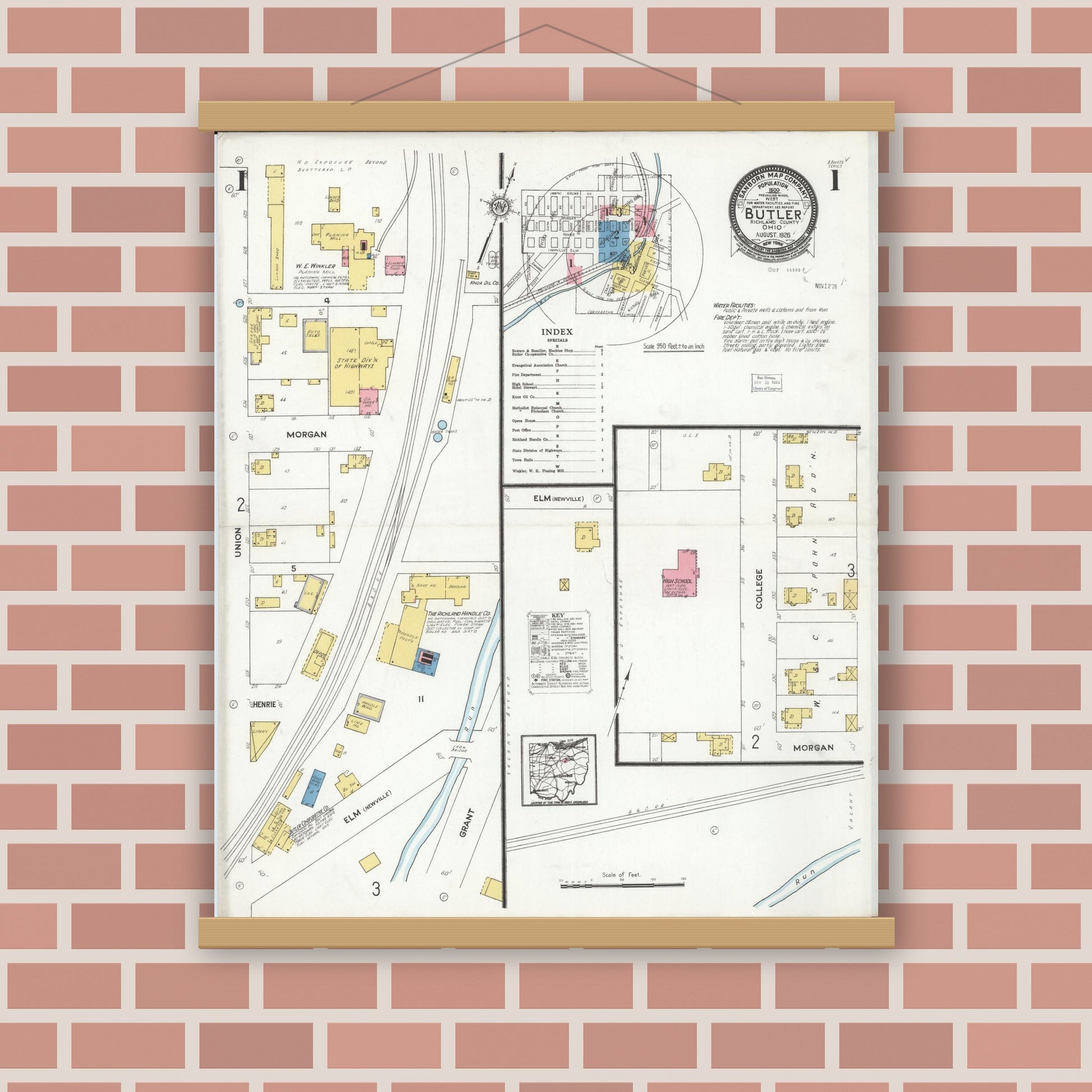 Old map wall art mockup — magnetic wood frame on brick wall — Sanborn Fire Insurance Map from Butler, Richland County, Ohio (1926) - Complete Map Set