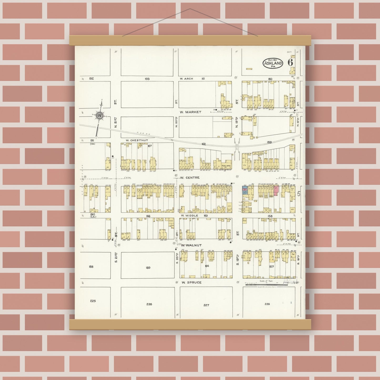 Old map wall art mockup — magnetic wood frame on brick wall — Sanborn Fire Insurance Map from Ashland, Schuylkill County, Pennsylvania (1921), Sheet #0006