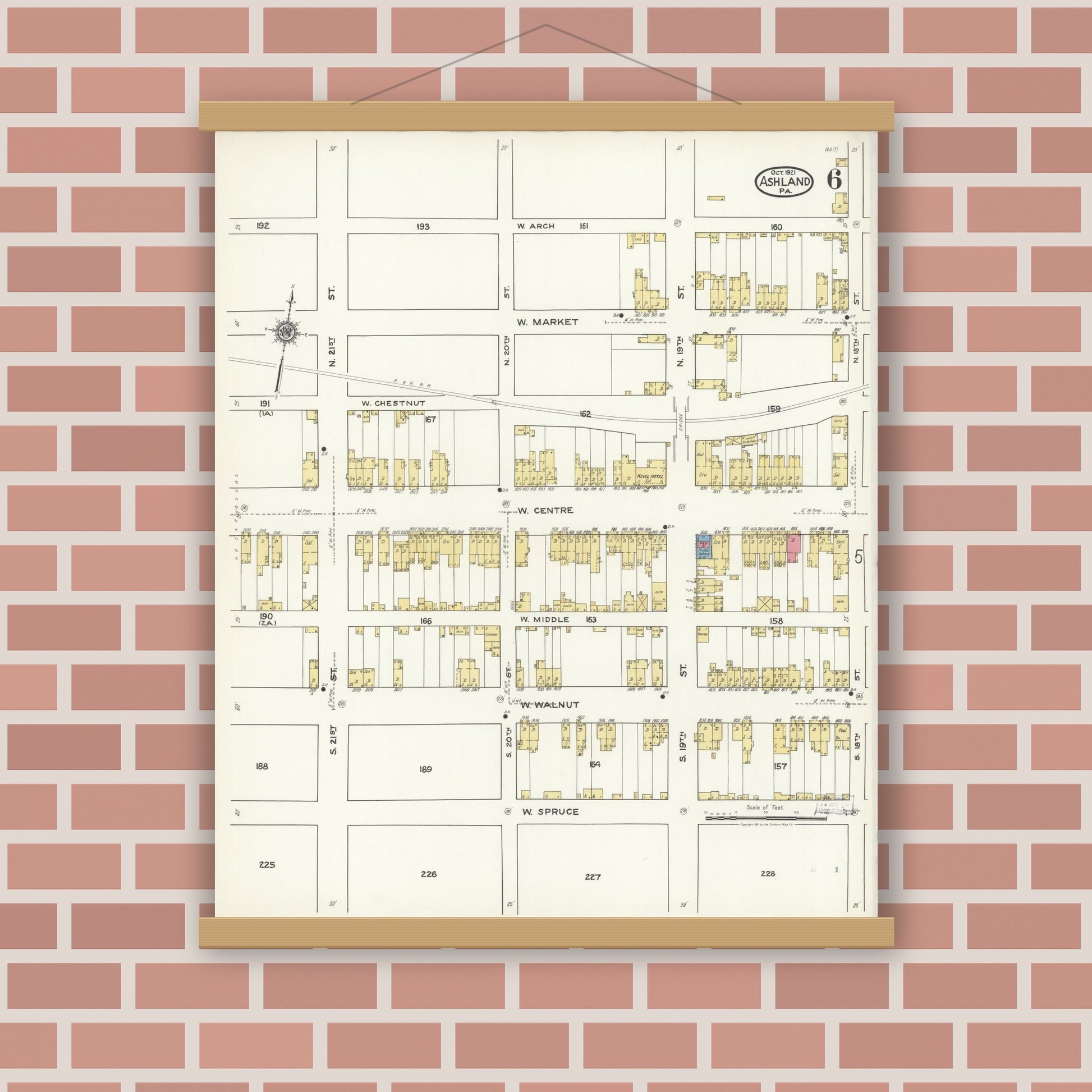 Old map wall art mockup — magnetic wood frame on brick wall — Sanborn Fire Insurance Map from Ashland, Schuylkill County, Pennsylvania (1921), Sheet #0006