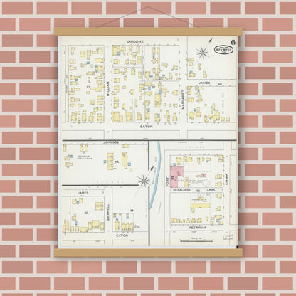 Old map wall art mockup — magnetic wood frame on brick wall — Sanborn Fire Insurance Map from Key West, Monroe County, Florida (1892), Sheet #0006