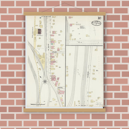 Old map wall art mockup — magnetic wood frame on brick wall — Sanborn Fire Insurance Map from Pittston, Luzerne County, Pennsylvania (1891), Sheet #0010