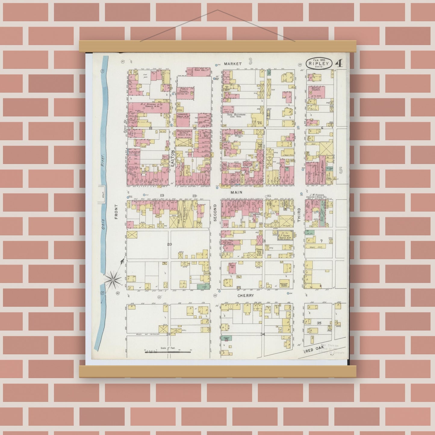 Old map wall art mockup — magnetic wood frame on brick wall — Sanborn Fire Insurance Map from Ripley, Brown County, Ohio (1895), Sheet #0004