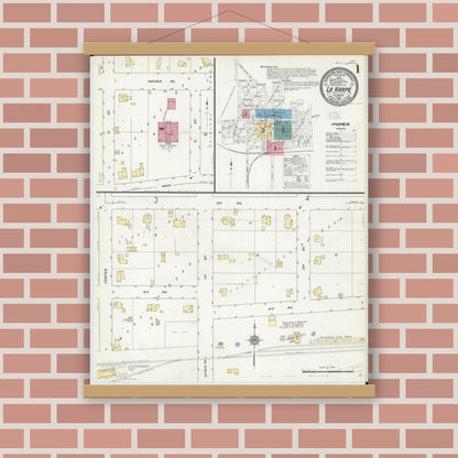 Old map wall art mockup — magnetic wood frame on brick wall — Sanborn Fire Insurance Map from La Harpe, Hancock County, Illinois (1912), Sheet #0001