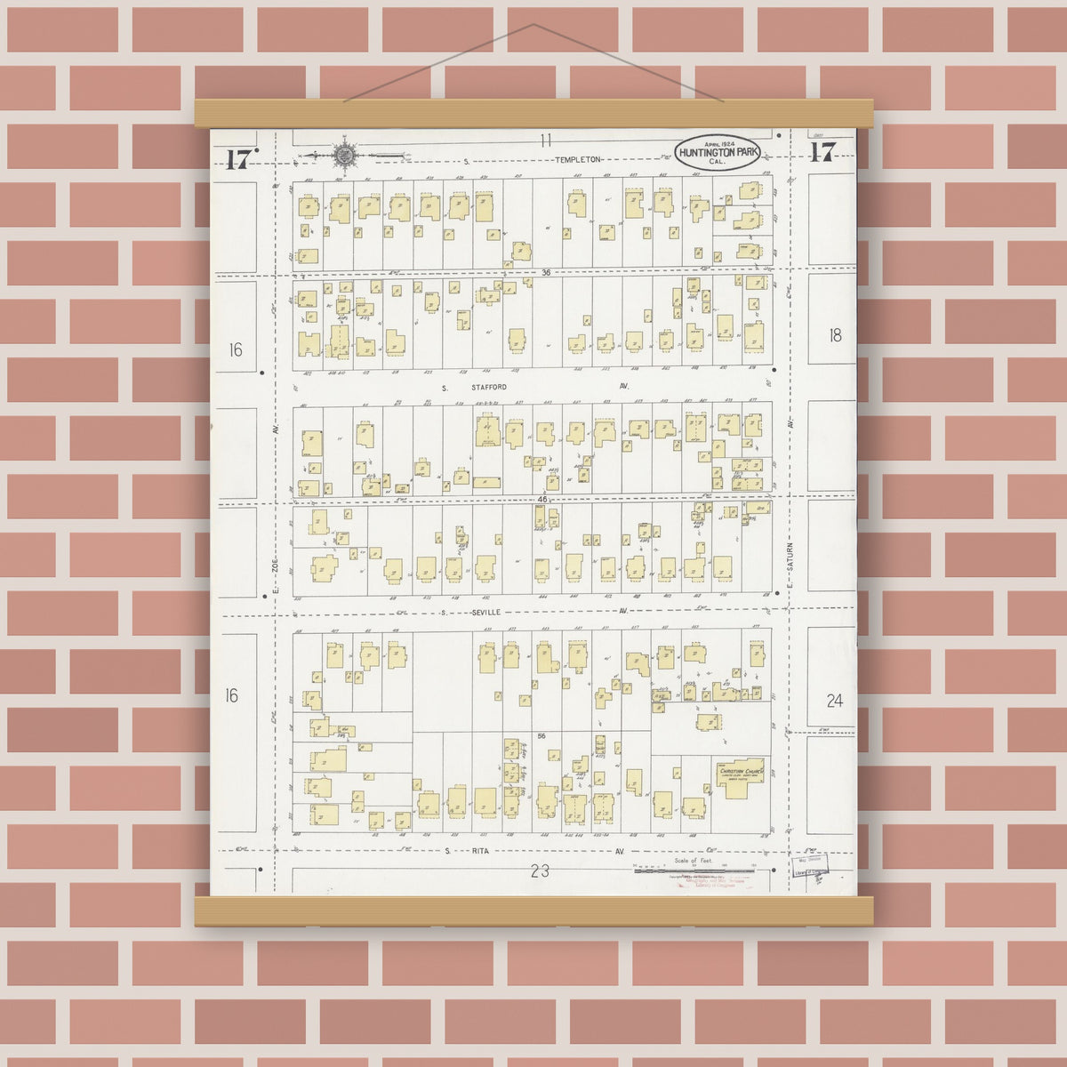 Old map wall art mockup — magnetic wood frame on brick wall — Sanborn Fire Insurance Map from Huntington Park, Los Angeles County, California (1924), Sheet #0017
