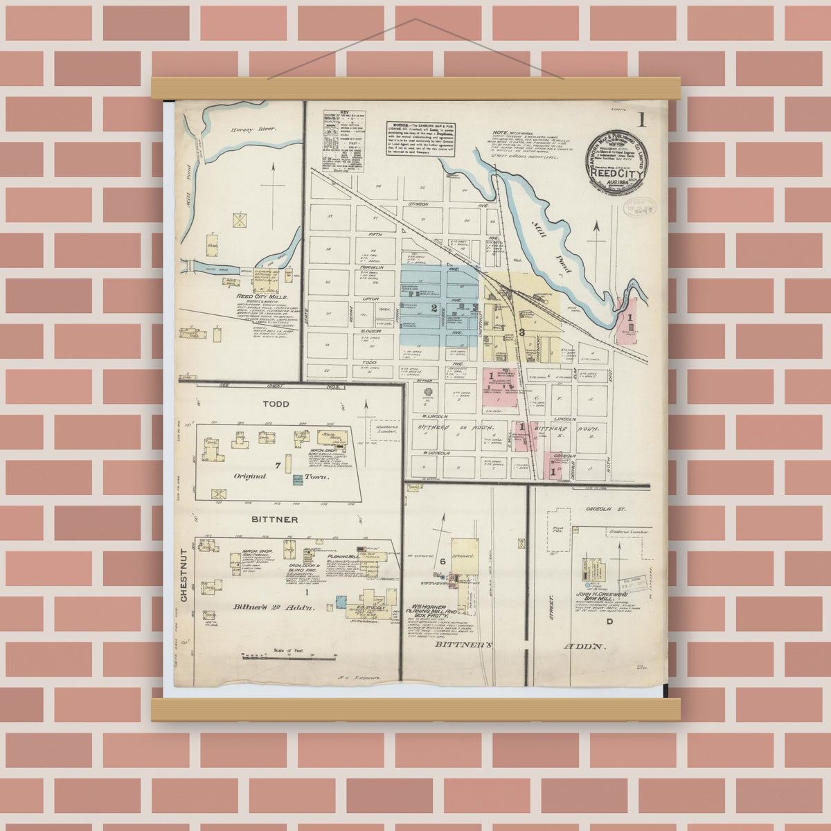 Old map wall art mockup — magnetic wood frame on brick wall — Sanborn Fire Insurance Map from Reed City, Osceola County, Michigan (1884), Sheet #0001
