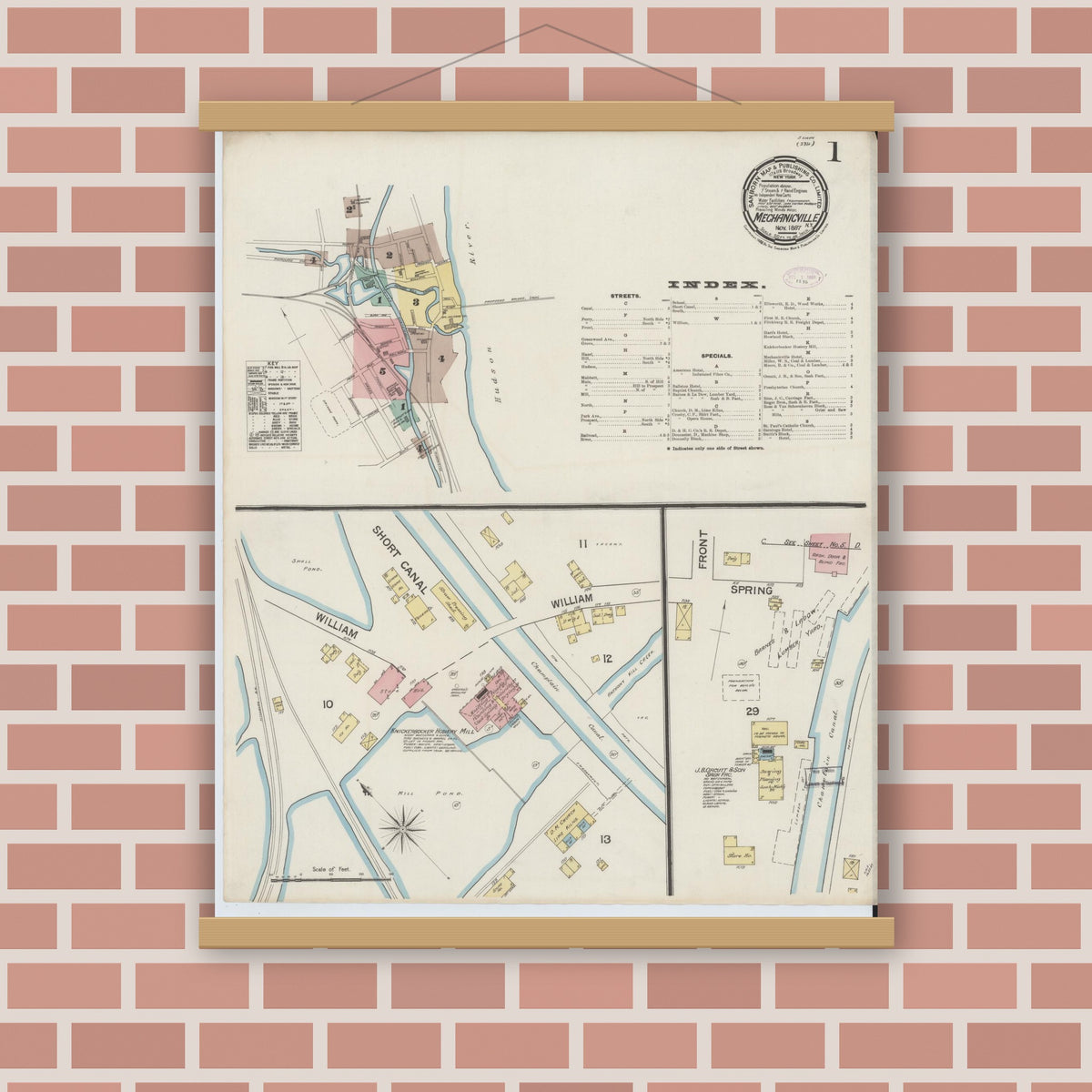 Old map wall art mockup — magnetic wood frame on brick wall — Sanborn Fire Insurance Map from Mechanicville, Saratoga County, New York (1887) - Complete Map Set