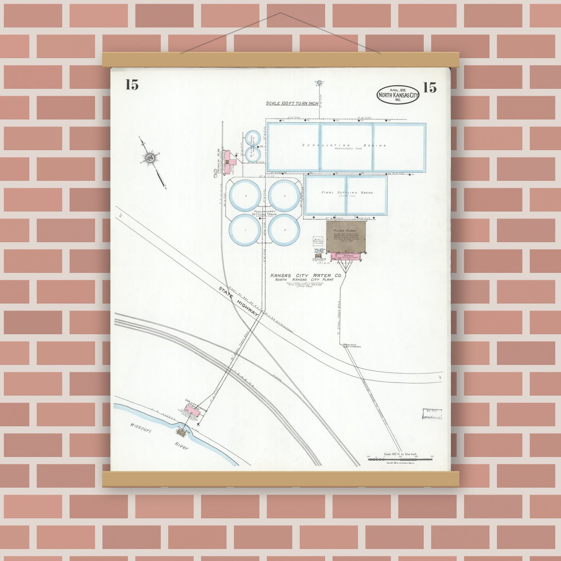 Old map wall art mockup — magnetic wood frame on brick wall — Sanborn Fire Insurance Map from North Kansas City, Clay County, Missouri (1926), Sheet #0015