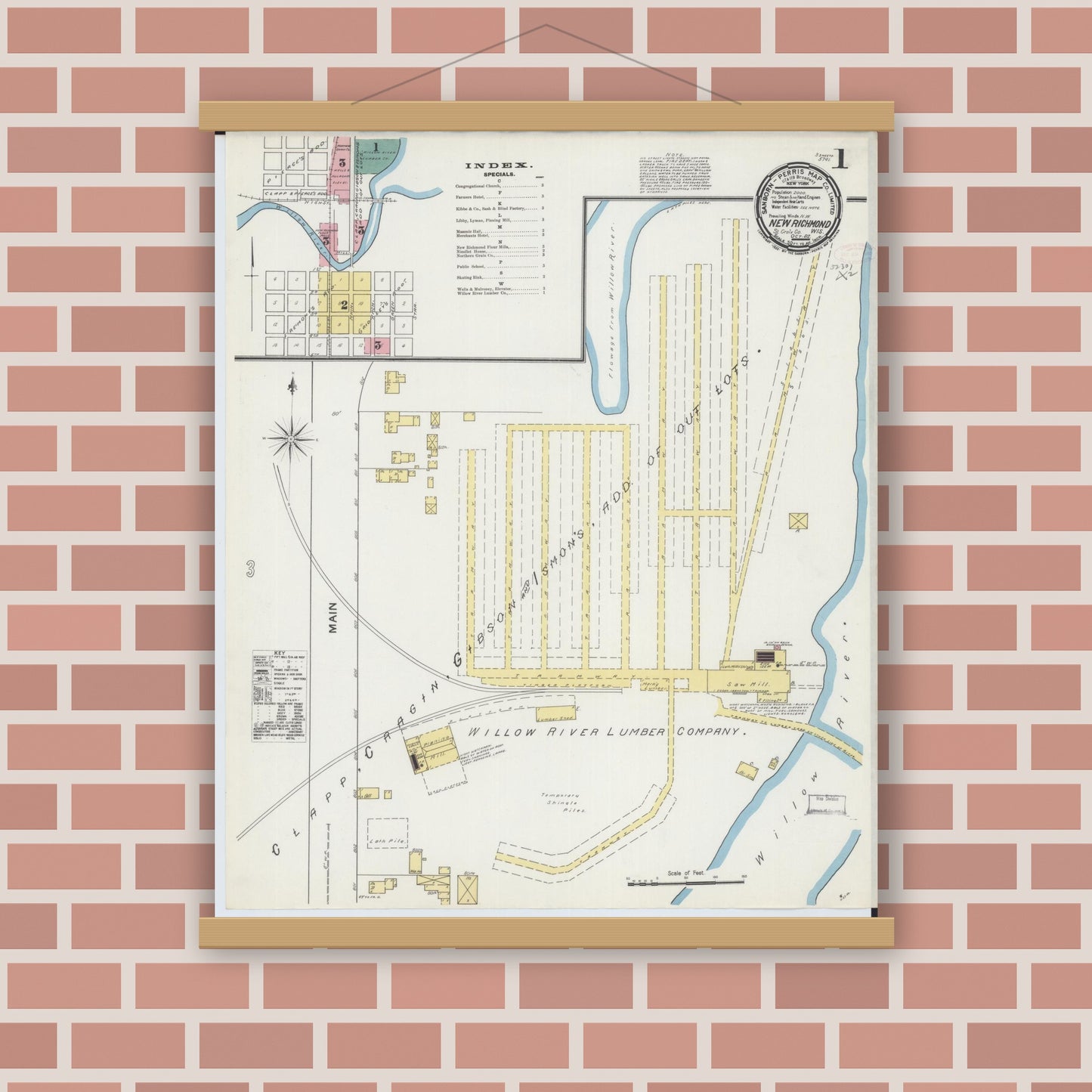 Old map wall art mockup — magnetic wood frame on brick wall — Sanborn Fire Insurance Map from New Richmond, St. Croix County, Wisconsin (1892), Sheet #0001