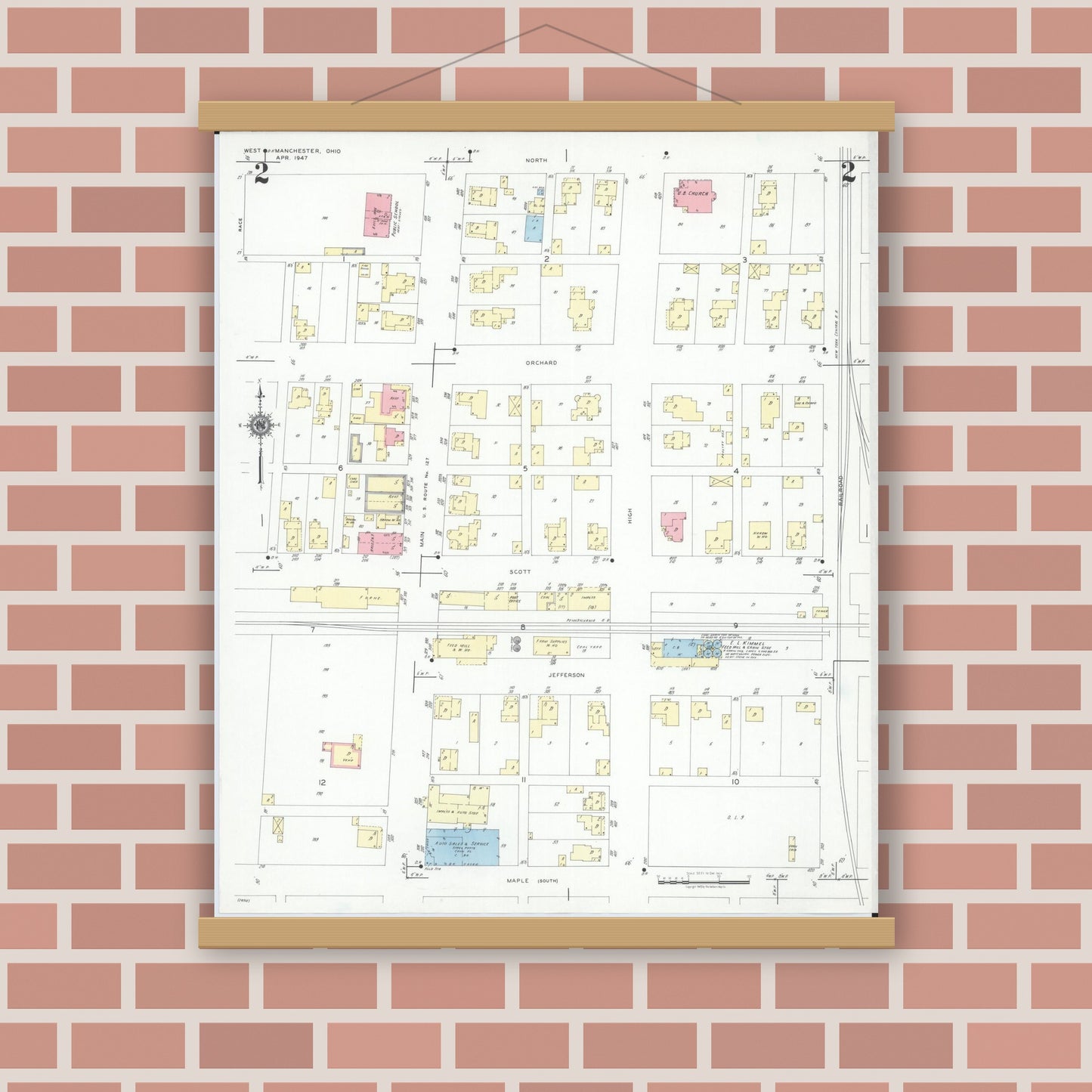 Old map wall art mockup — magnetic wood frame on brick wall — Sanborn Fire Insurance Map from West Manchester, Preble County, Ohio (1947), Sheet #0002
