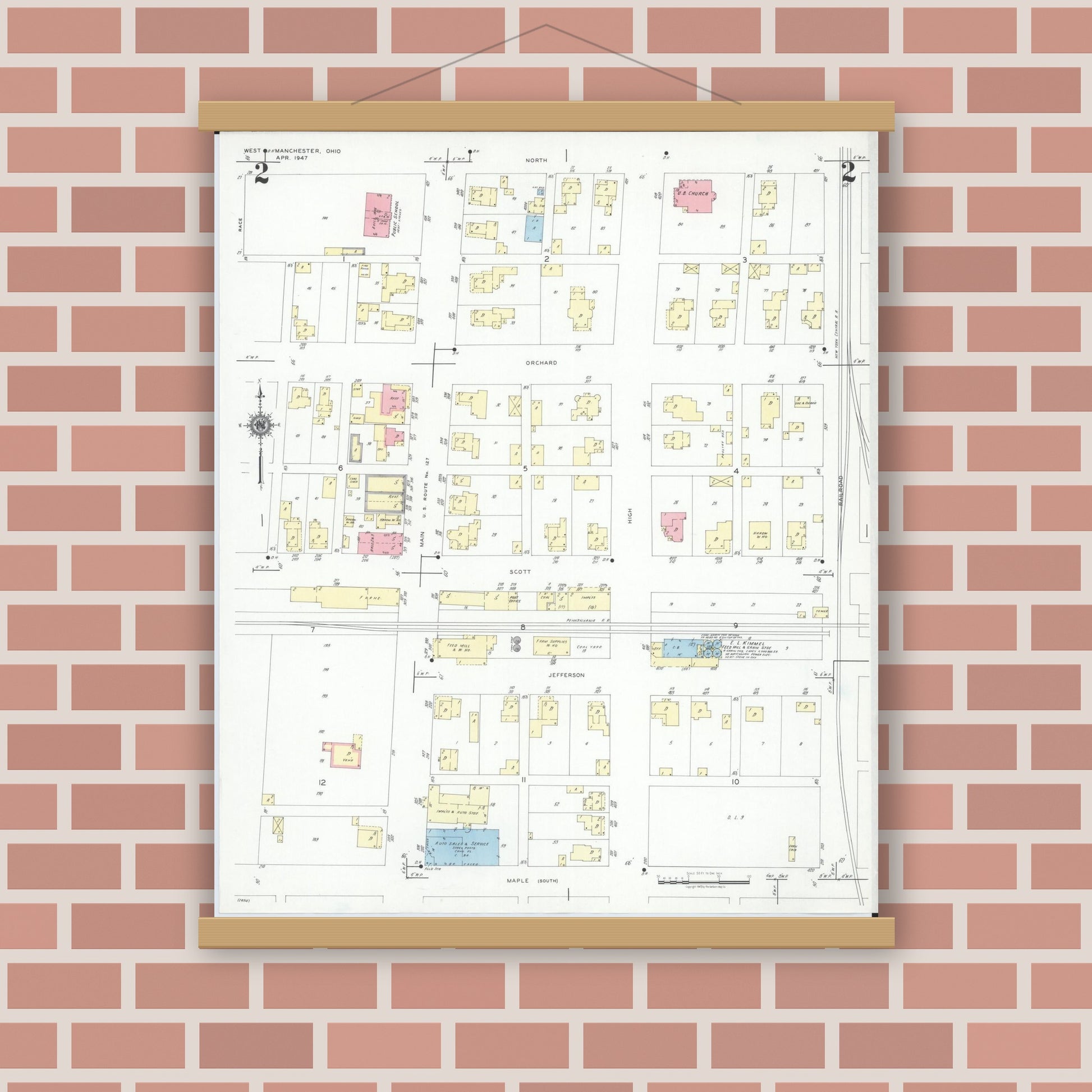 Old map wall art mockup — magnetic wood frame on brick wall — Sanborn Fire Insurance Map from West Manchester, Preble County, Ohio (1947), Sheet #0002