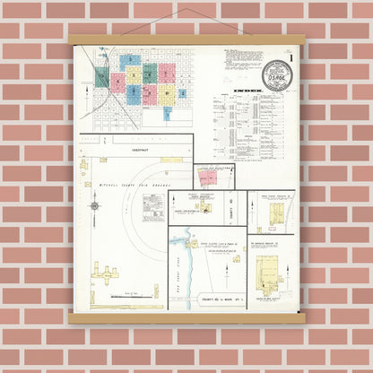 Old map wall art mockup — magnetic wood frame on brick wall — Sanborn Fire Insurance Map from Osage, Mitchell County, Iowa (1911) â€” Complete Set