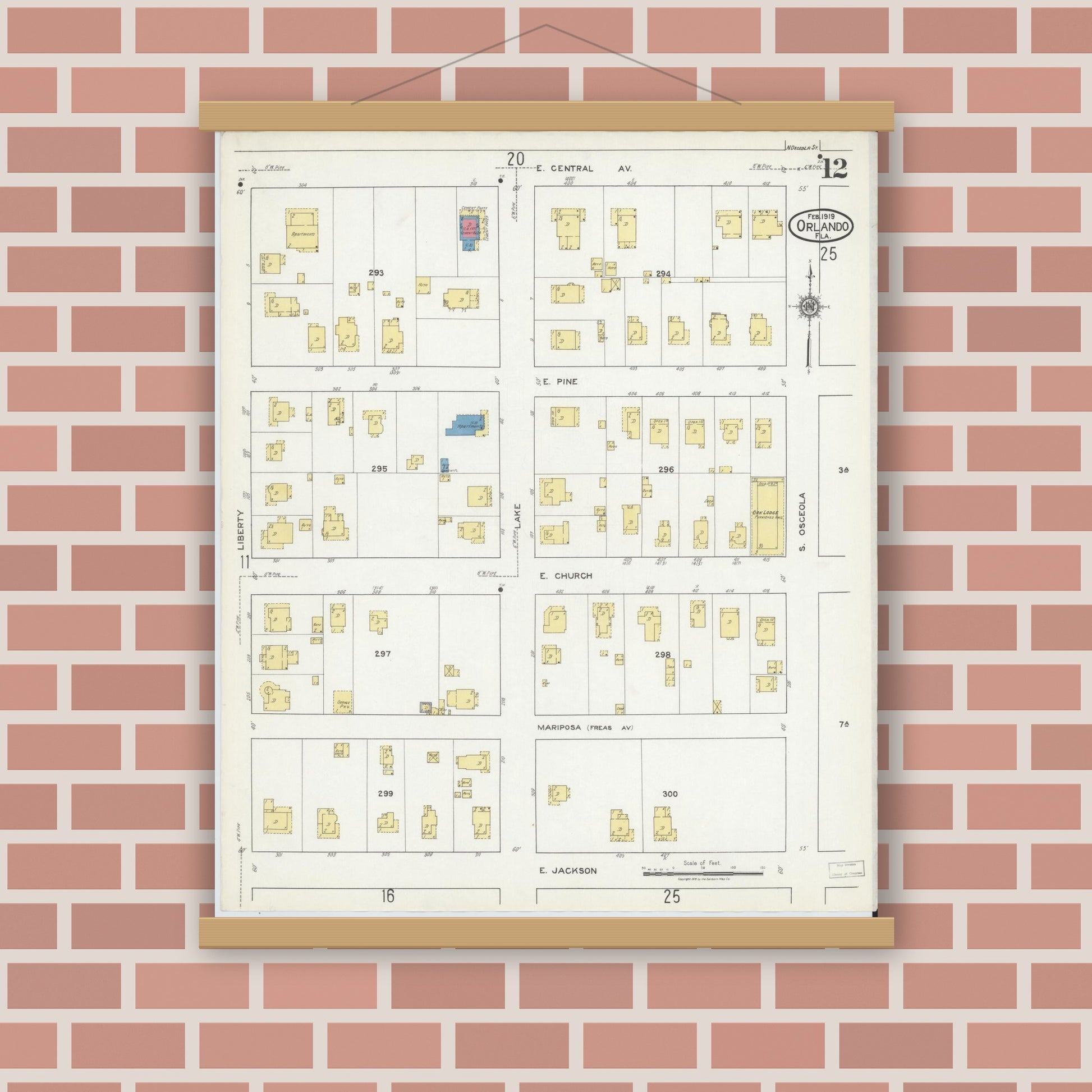 Old map wall art mockup — magnetic wood frame on brick wall — Sanborn Fire Insurance Map from Orlando, Orange County, Florida (1919), Sheet #0012
