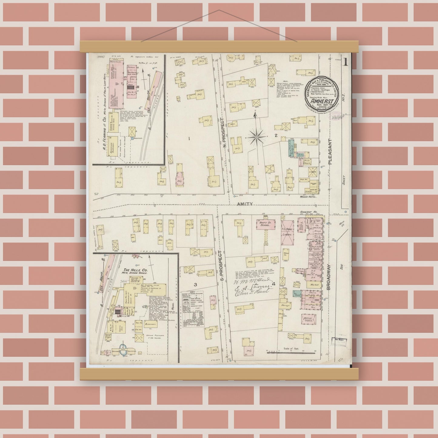 Old map wall art mockup — magnetic wood frame on brick wall — Sanborn Fire Insurance Map from Amherst, Hampshire County, Massachusetts (1887), Sheet #0001