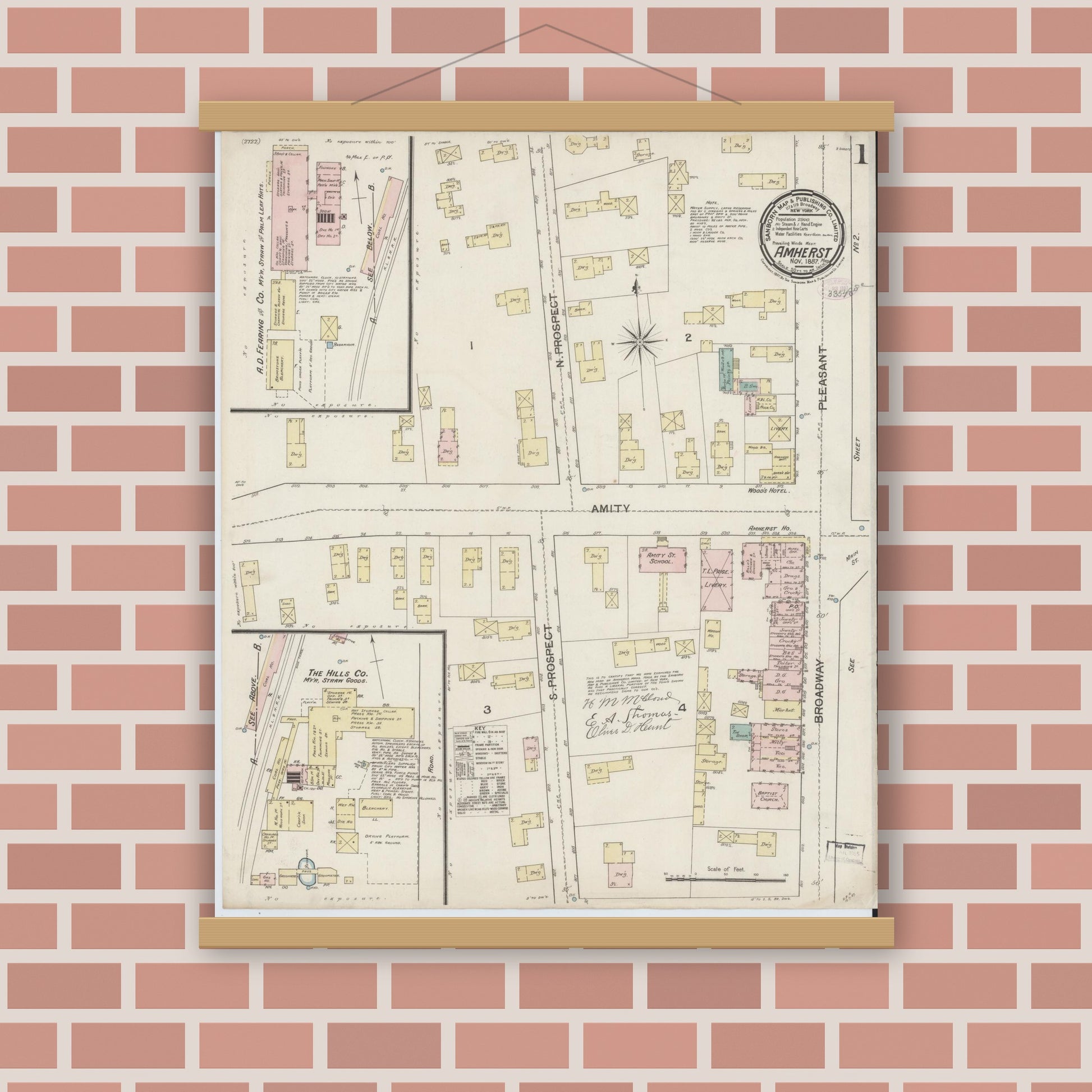 Old map wall art mockup — magnetic wood frame on brick wall — Sanborn Fire Insurance Map from Amherst, Hampshire County, Massachusetts (1887), Sheet #0001