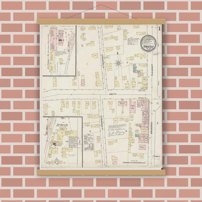 Old map wall art mockup — magnetic wood frame on brick wall — Sanborn Fire Insurance Map from Amherst, Hampshire County, Massachusetts (1887), Sheet #0001
