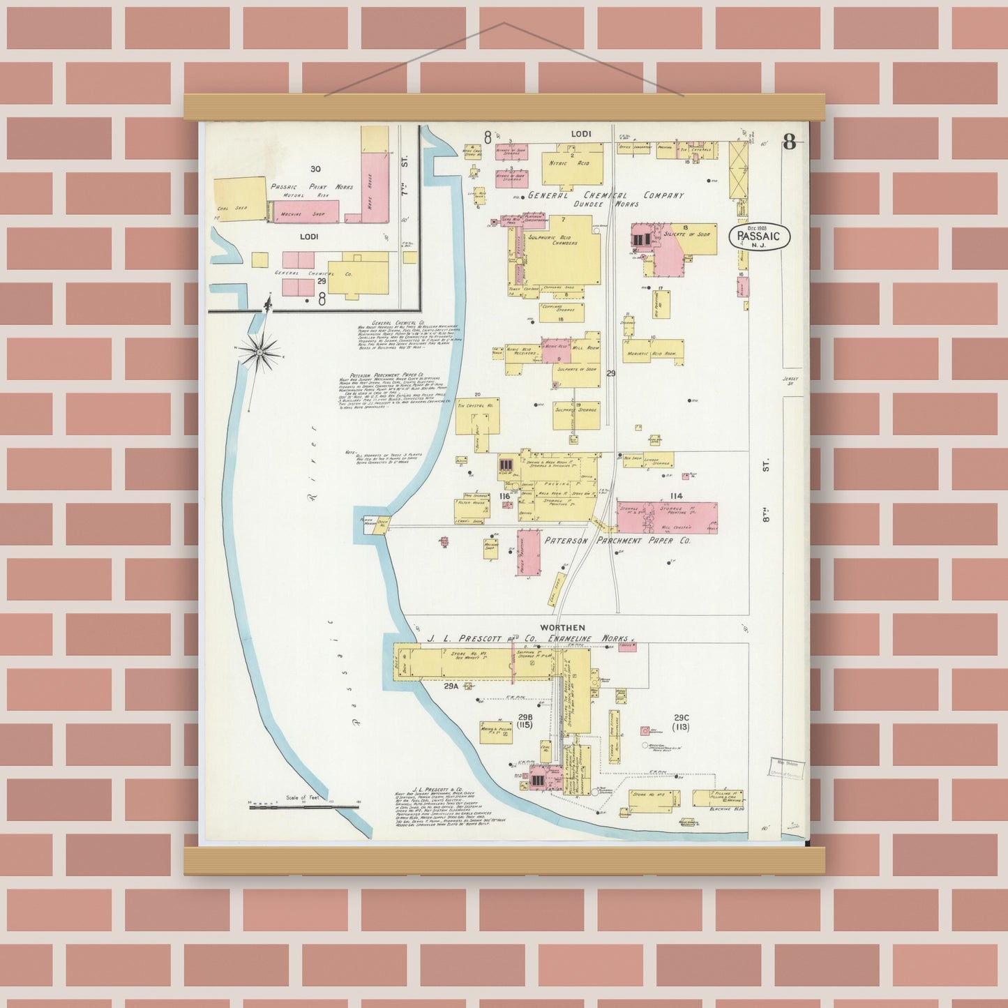 Old map wall art mockup — magnetic wood frame on brick wall — Sanborn Fire Insurance Map from Passaic, Passaic County, New Jersey (1903), Sheet #0008