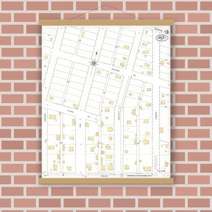 Old map wall art mockup — magnetic wood frame on brick wall — Sanborn Fire Insurance Map from Gridley, Butte County, California (1909), Sheet #0004