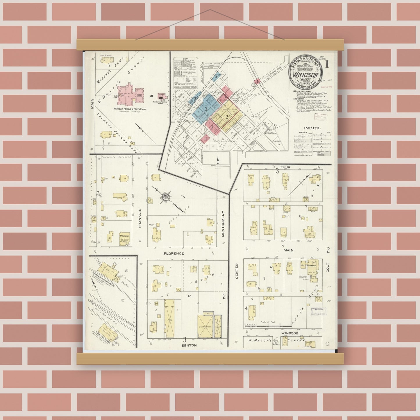 Old map wall art mockup — magnetic wood frame on brick wall — Sanborn Fire Insurance Map from Windsor, Henry County, Missouri (1909) - Complete Map Set