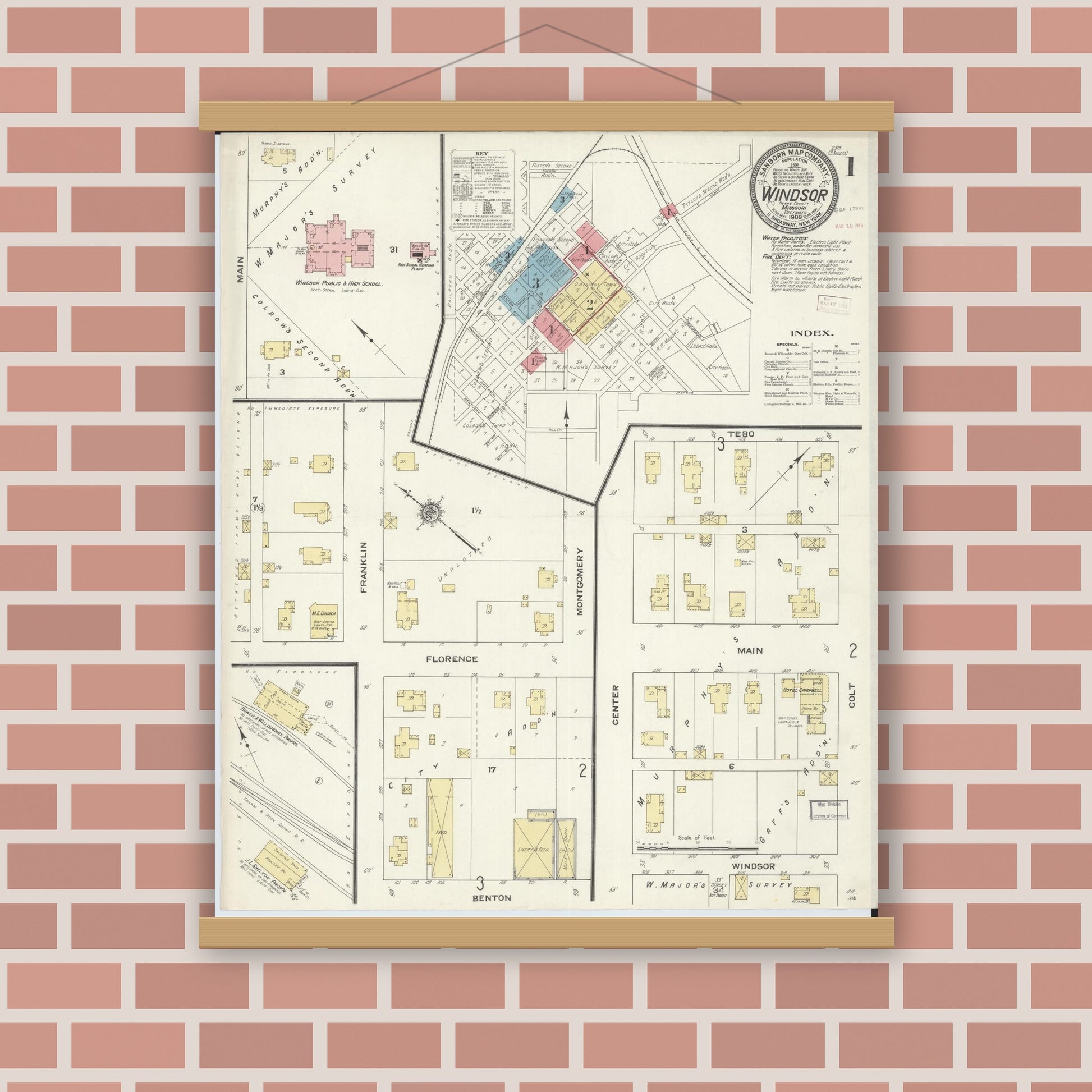 Old map wall art mockup — magnetic wood frame on brick wall — Sanborn Fire Insurance Map from Windsor, Henry County, Missouri (1909) - Complete Map Set