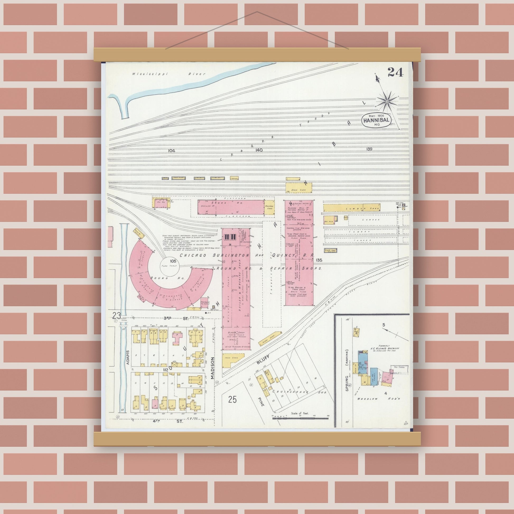 Old map wall art mockup — magnetic wood frame on brick wall — Sanborn Fire Insurance Map from Hannibal, Marion County, Missouri (1906), Sheet #0024