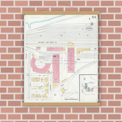 Old map wall art mockup — magnetic wood frame on brick wall — Sanborn Fire Insurance Map from Hannibal, Marion County, Missouri (1906), Sheet #0024