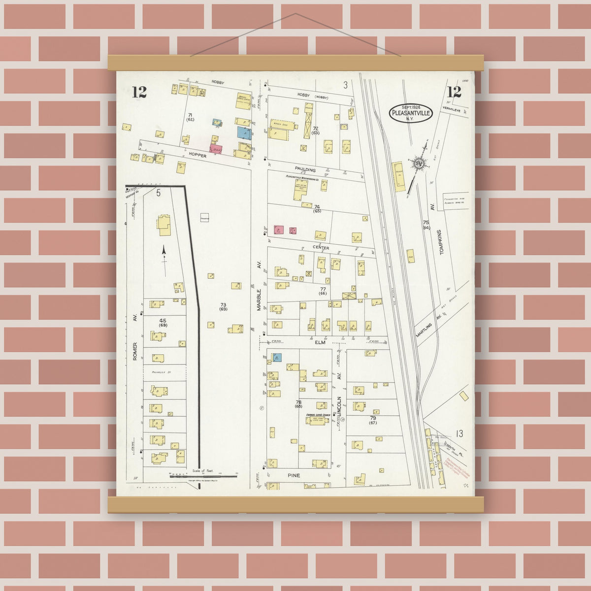 Old map wall art mockup — magnetic wood frame on brick wall — Sanborn Fire Insurance Map from Pleasantville, Westchester County, New York (1924), Sheet #0012