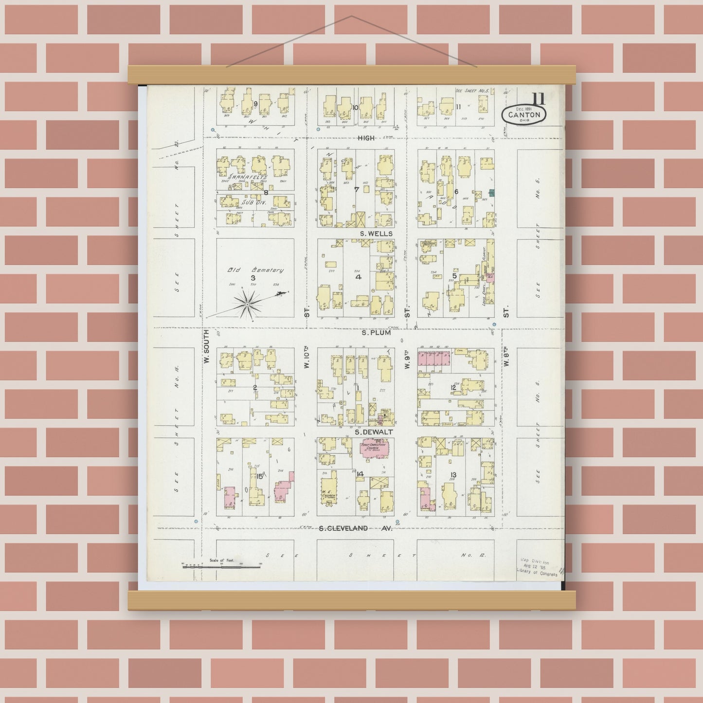 Old map wall art mockup — magnetic wood frame on brick wall — Sanborn Fire Insurance Map from Canton, Stark County, Ohio (1891), Sheet #0011