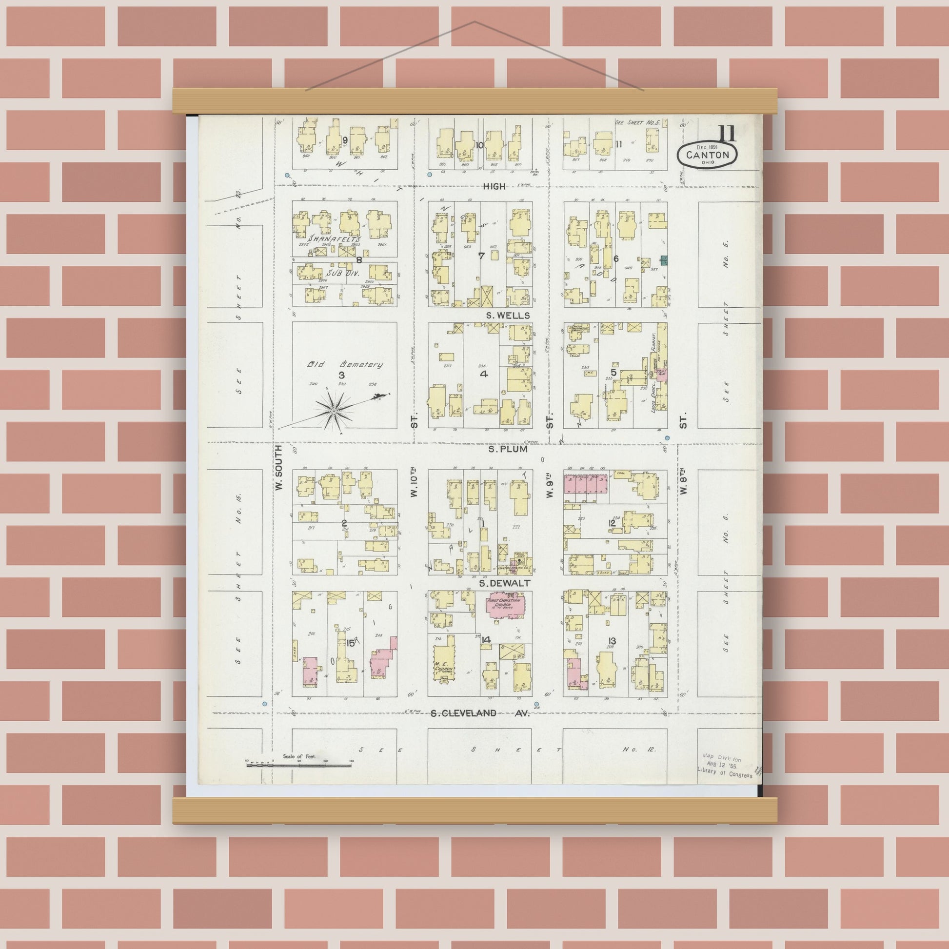 Old map wall art mockup — magnetic wood frame on brick wall — Sanborn Fire Insurance Map from Canton, Stark County, Ohio (1891), Sheet #0011