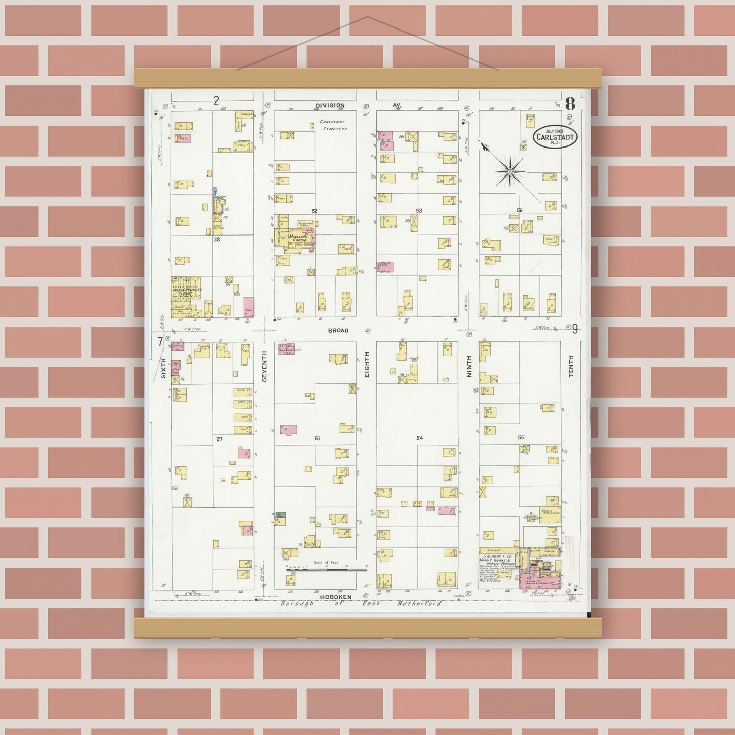 Old map wall art mockup — magnetic wood frame on brick wall — Sanborn Fire Insurance Map from Carlstadt, Bergen County, New Jersey (1909), Sheet #0008