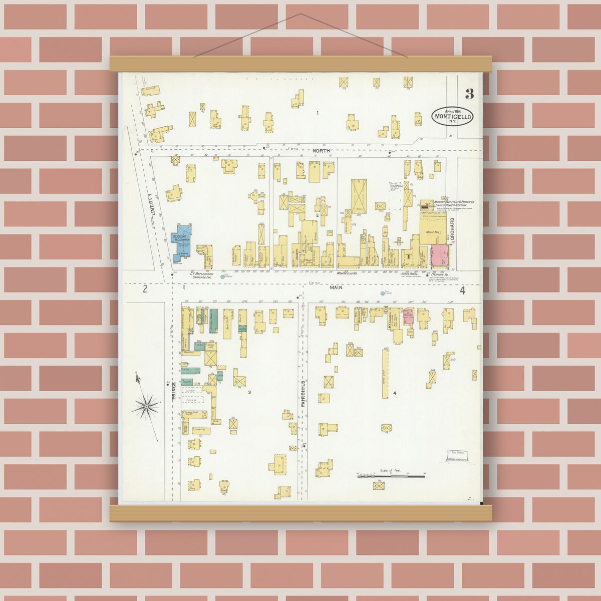 Old map wall art mockup — magnetic wood frame on brick wall — Sanborn Fire Insurance Map from Monticello, Sullivan County, New York (1904), Sheet #0003