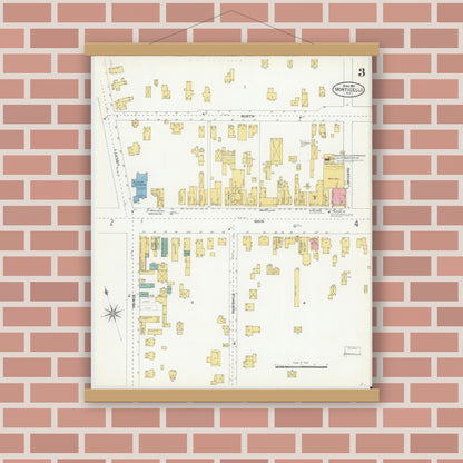 Old map wall art mockup — magnetic wood frame on brick wall — Sanborn Fire Insurance Map from Monticello, Sullivan County, New York (1904), Sheet #0003