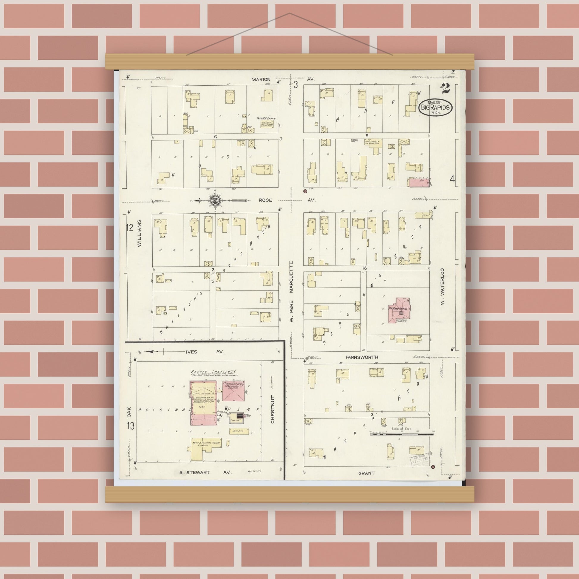 Old map wall art mockup — magnetic wood frame on brick wall — Sanborn Fire Insurance Map from Big Rapids, Mecosta County, Michigan (1914), Sheet #0002