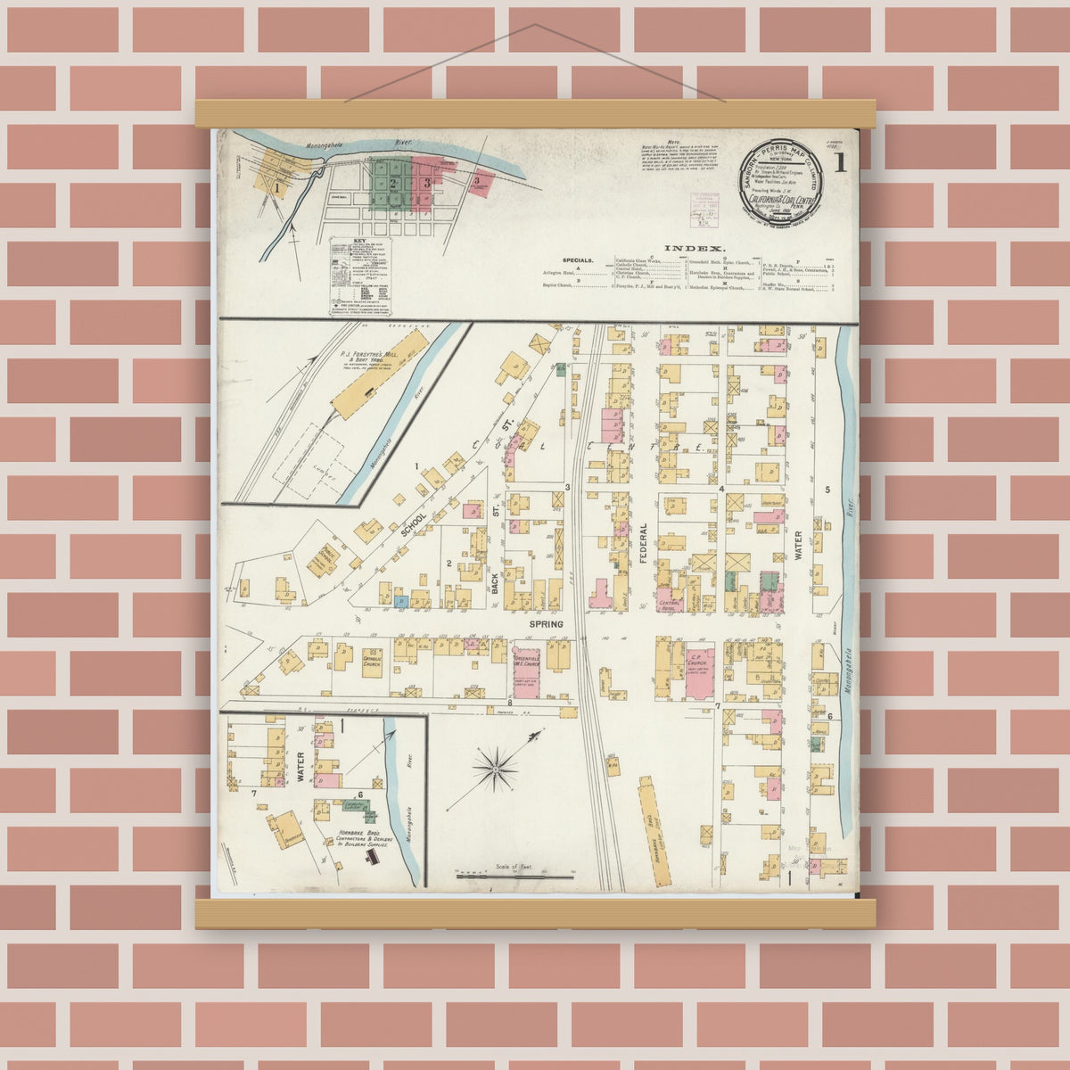Old map wall art mockup — magnetic wood frame on brick wall — Sanborn Fire Insurance Map from California, Washington County, Pennsylvania (1901) - Complete Map Set