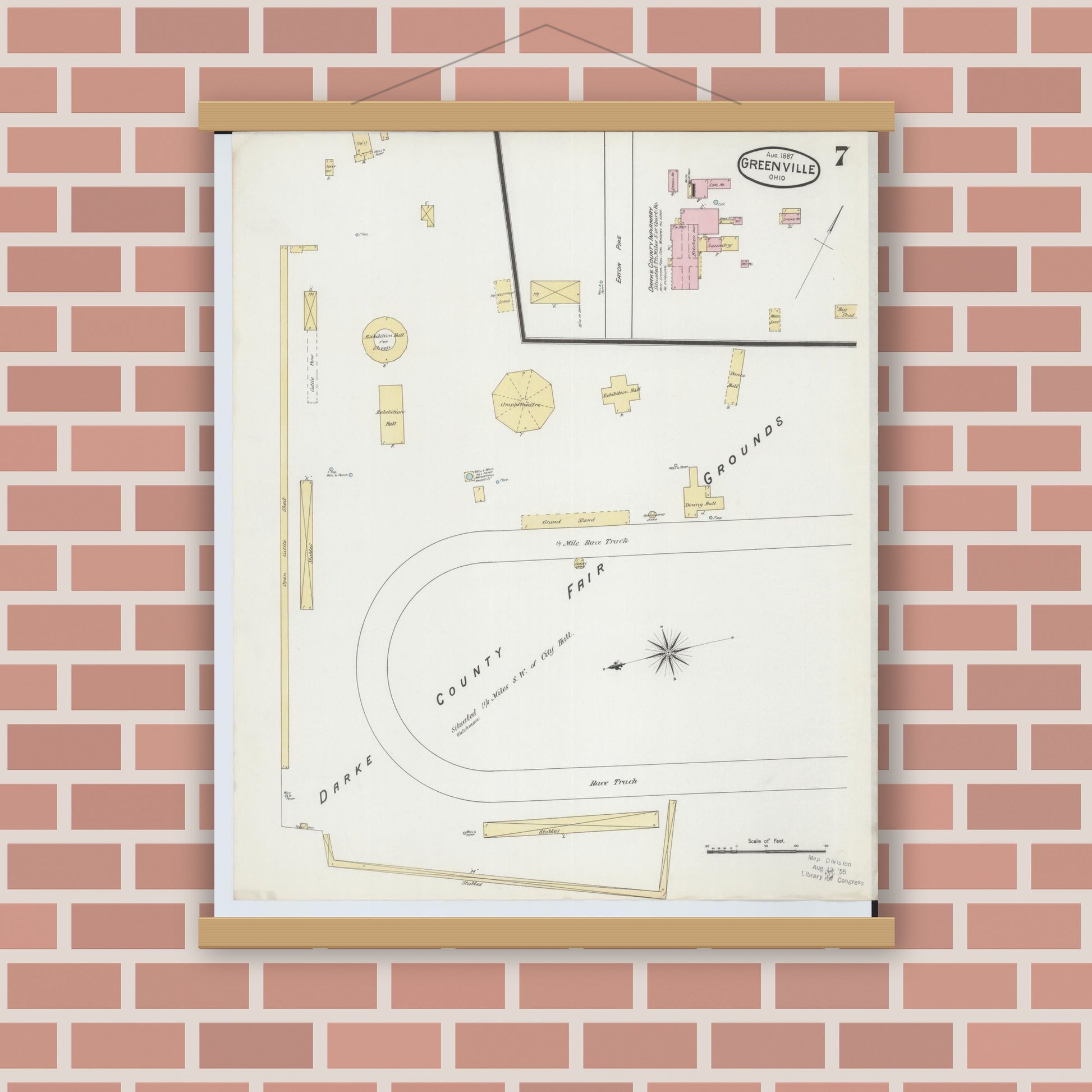 Old map wall art mockup — magnetic wood frame on brick wall — Sanborn Fire Insurance Map from Greenville, Darke County, Ohio (1887), Sheet #0007