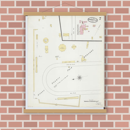 Old map wall art mockup — magnetic wood frame on brick wall — Sanborn Fire Insurance Map from Greenville, Darke County, Ohio (1887), Sheet #0007