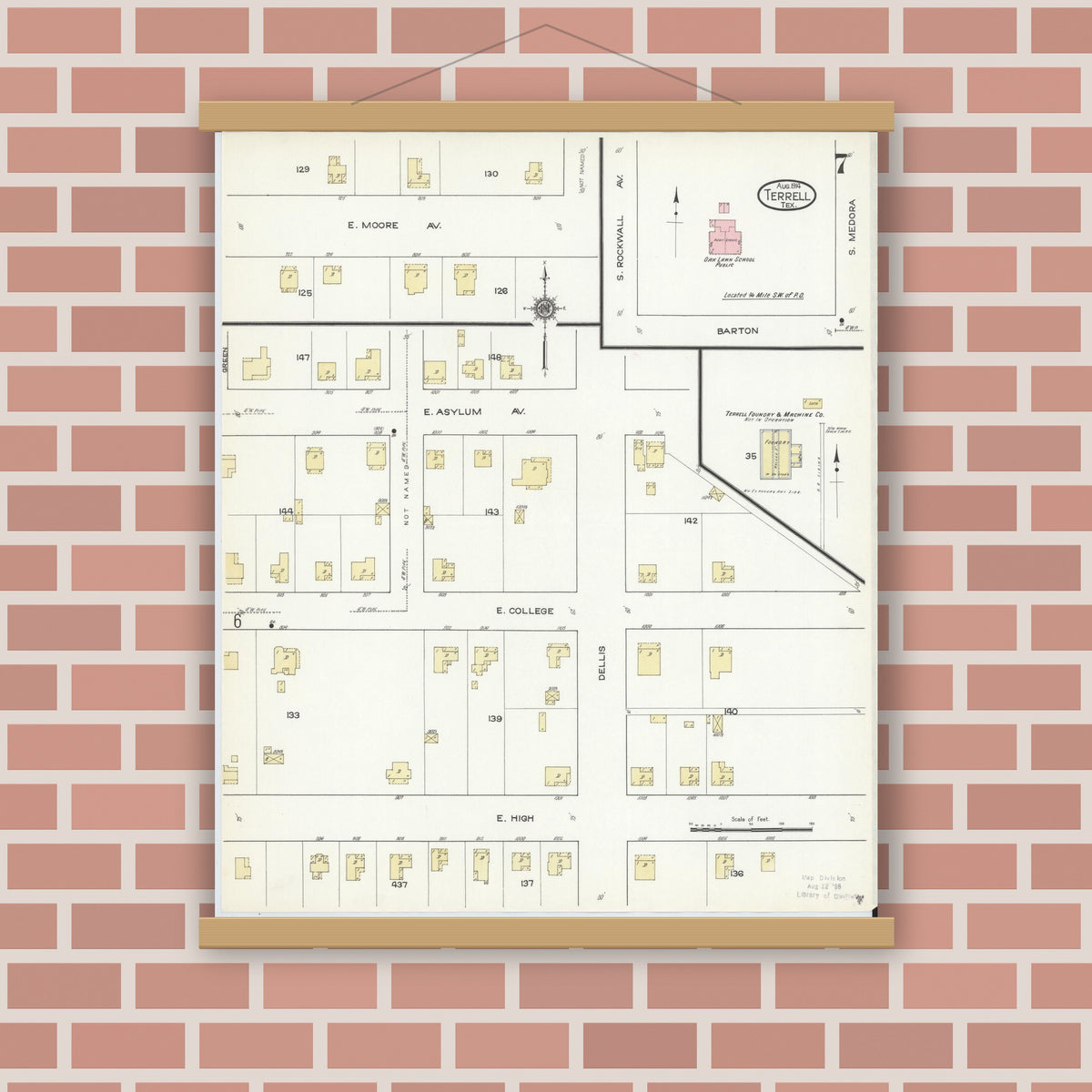 Old map wall art mockup — magnetic wood frame on brick wall — Sanborn Fire Insurance Map from Terrell, Kaufman County, Texas (1914), Sheet #0007