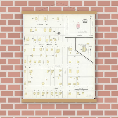 Old map wall art mockup — magnetic wood frame on brick wall — Sanborn Fire Insurance Map from Terrell, Kaufman County, Texas (1914), Sheet #0007